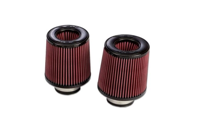 a pair of red and black air filter