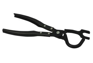 a black metal pliers with a curved handle